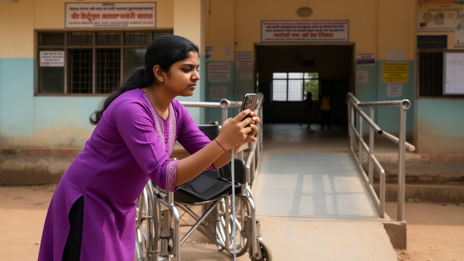 Volunteer measuring ramp accessibility
